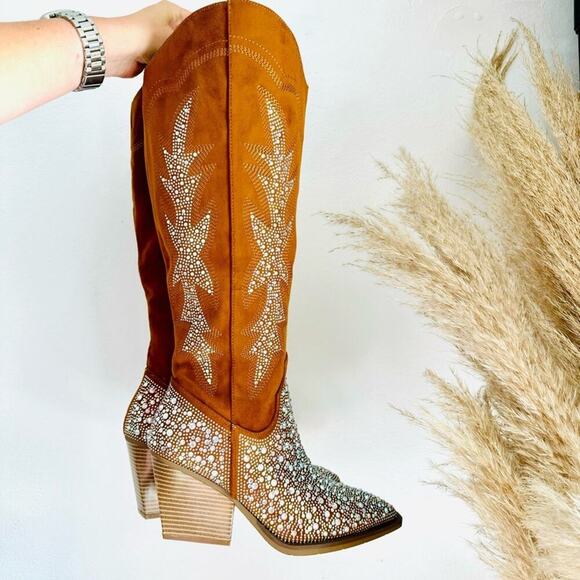 NEW Brown Faux Suede Sequin Glitter Discoball Cowgirl Cowboy Chunk Heel Boot 9.5 - Picture 2 of 13